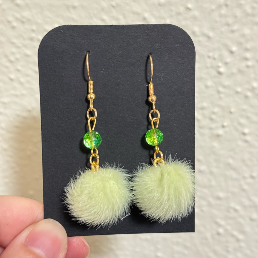 Fuzzy Pom Pom Earrings with Green Beads